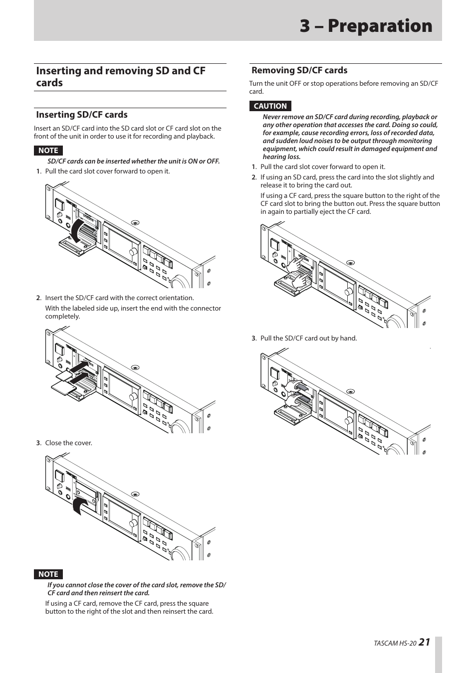3 – preparation, Inserting and removing sd and cf cards, Inserting sd/cf cards | Removing sd/cf cards, Inserting sd/cf cards removing sd/cf cards | Teac HS-20 User Manual | Page 21 / 128