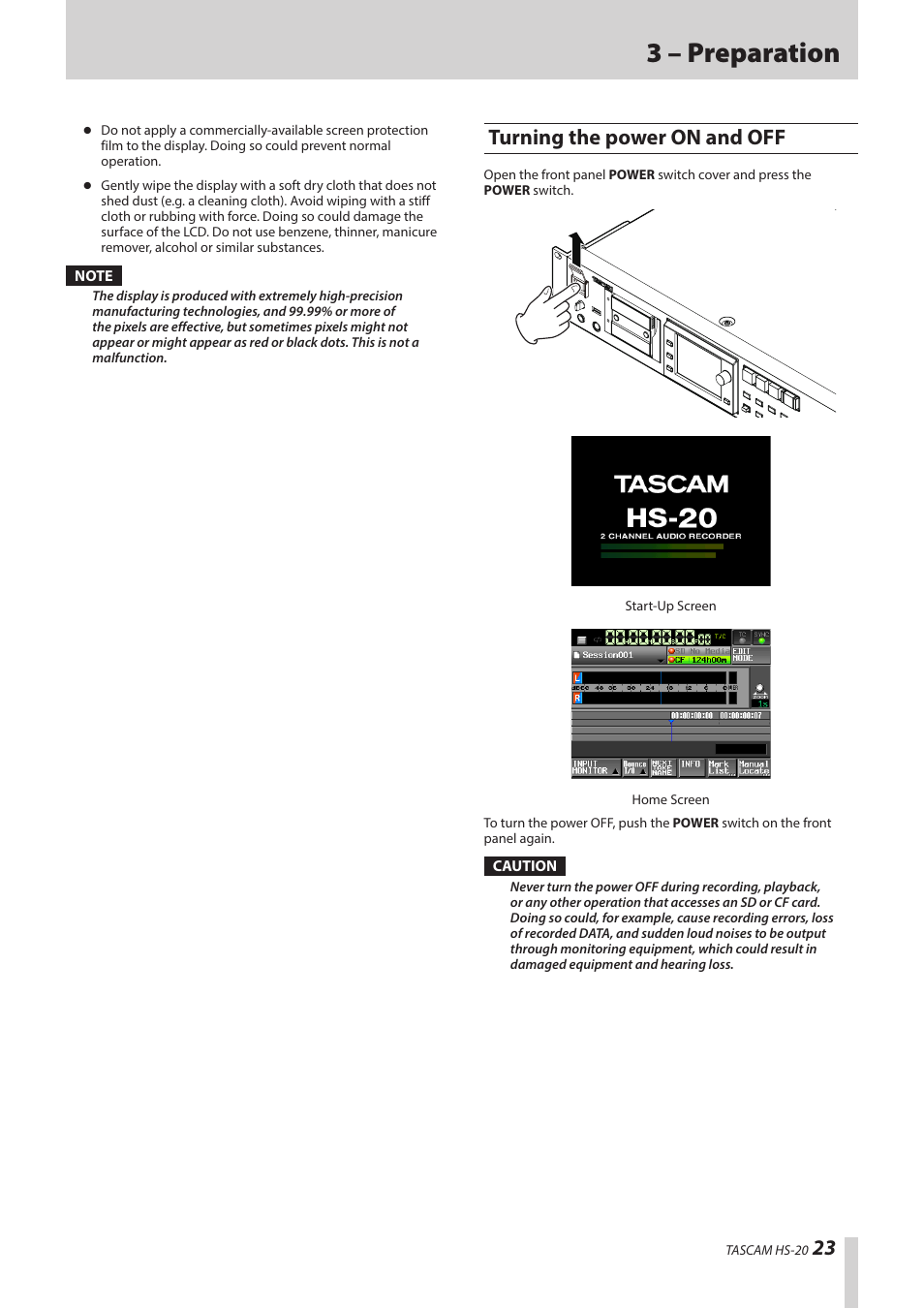 Turning the power on and off, 3 – preparation | Teac HS-20 User Manual | Page 23 / 128