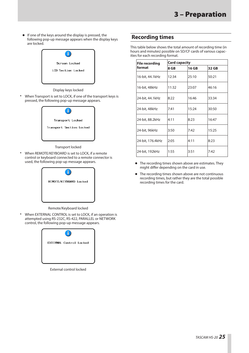 Recording times, 3 – preparation | Teac HS-20 User Manual | Page 25 / 128