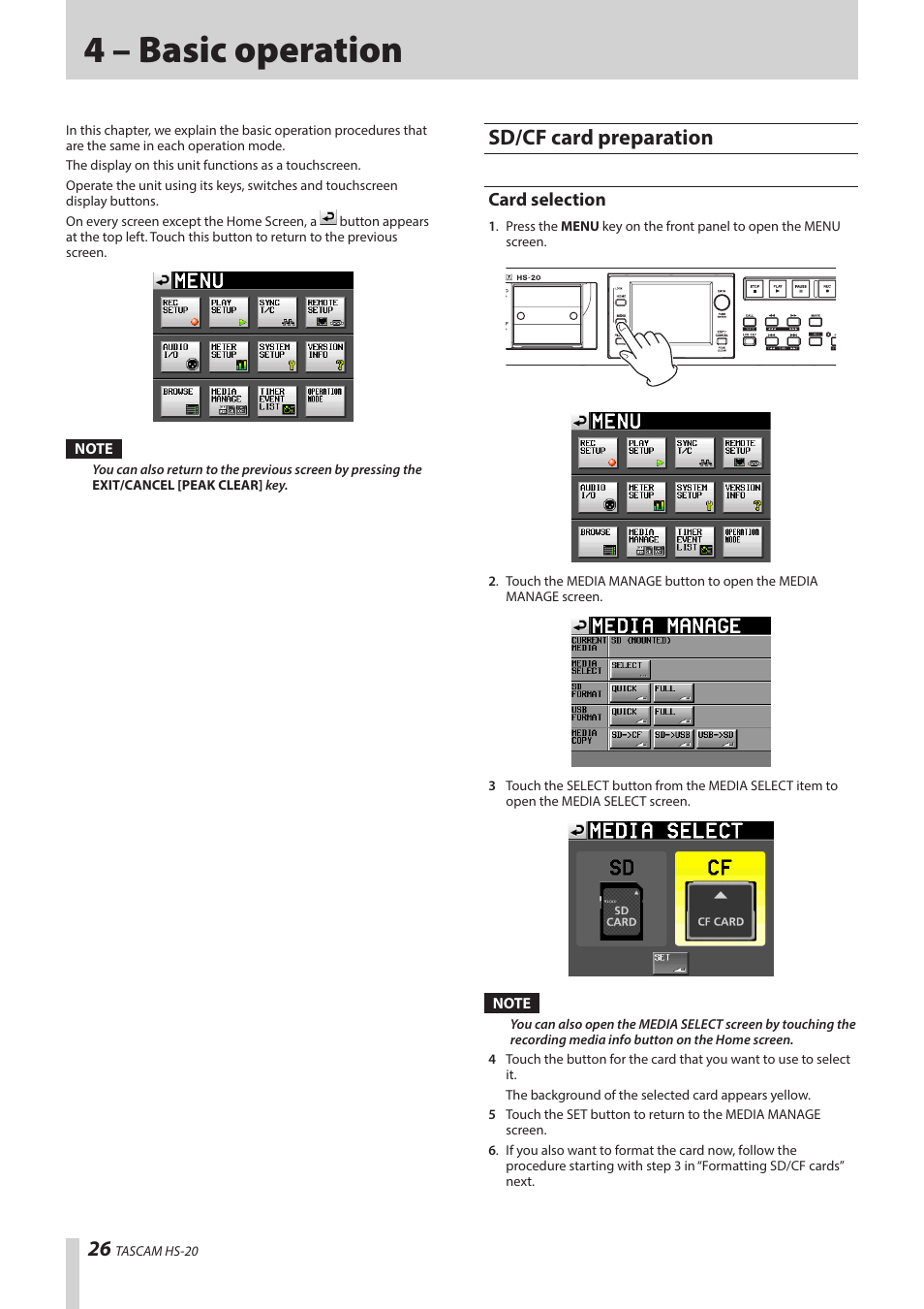 4 – basic operation, Sd/cf card preparation, Card selection | Ee “card | Teac HS-20 User Manual | Page 26 / 128