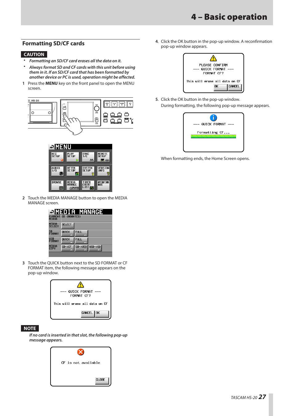 Formatting sd/cf cards, 4 – basic operation | Teac HS-20 User Manual | Page 27 / 128