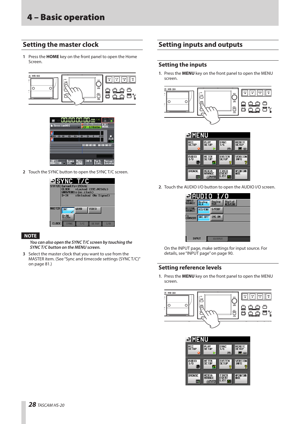 Setting the master clock, Setting inputs and outputs, Setting the inputs | Setting reference levels, Setting the inputs setting reference levels, 4 – basic operation | Teac HS-20 User Manual | Page 28 / 128