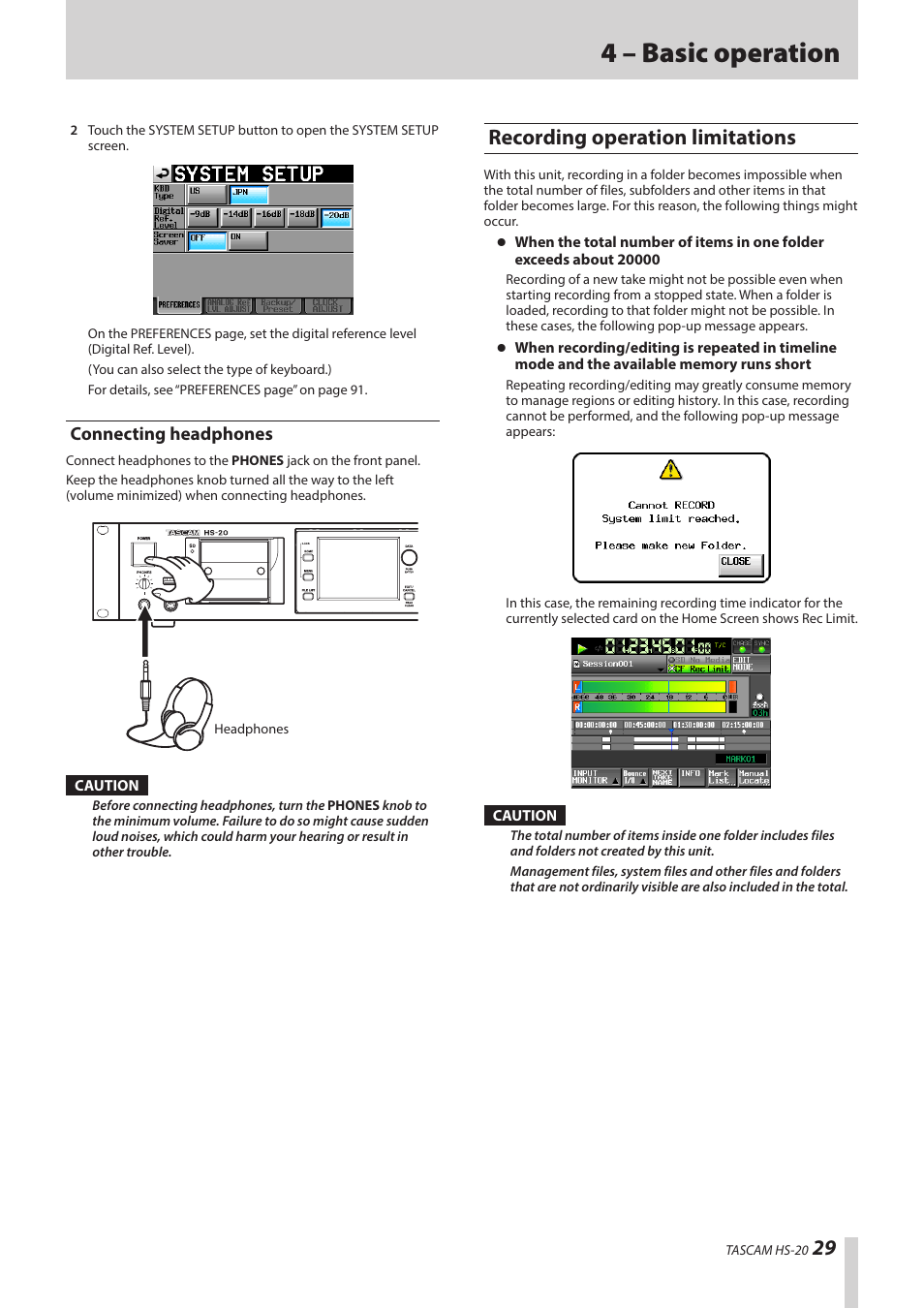 Connecting headphones, Recording operation limitations, 4 – basic operation | Teac HS-20 User Manual | Page 29 / 128