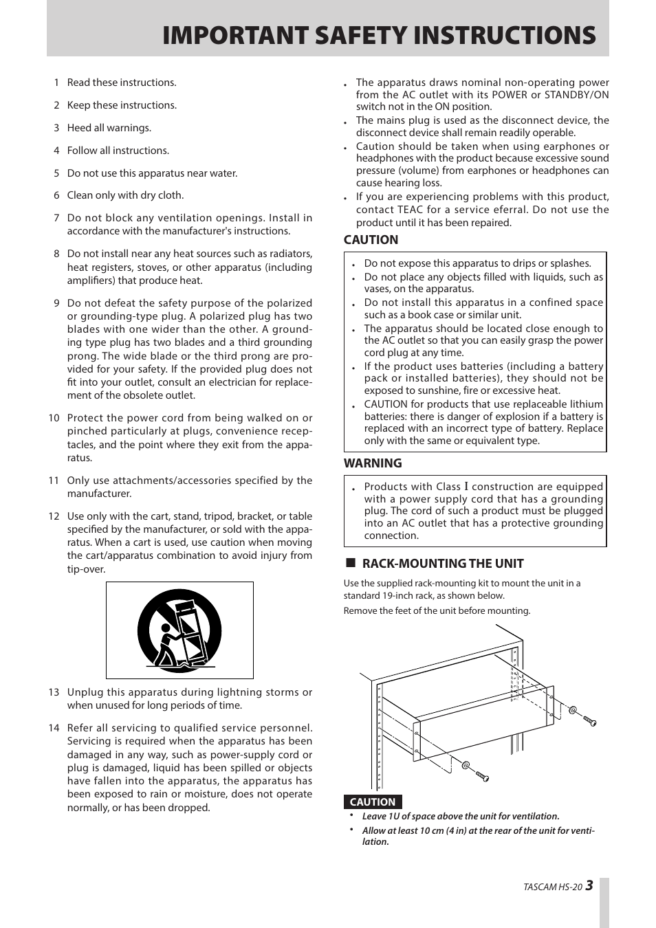 Important safety instructions | Teac HS-20 User Manual | Page 3 / 128