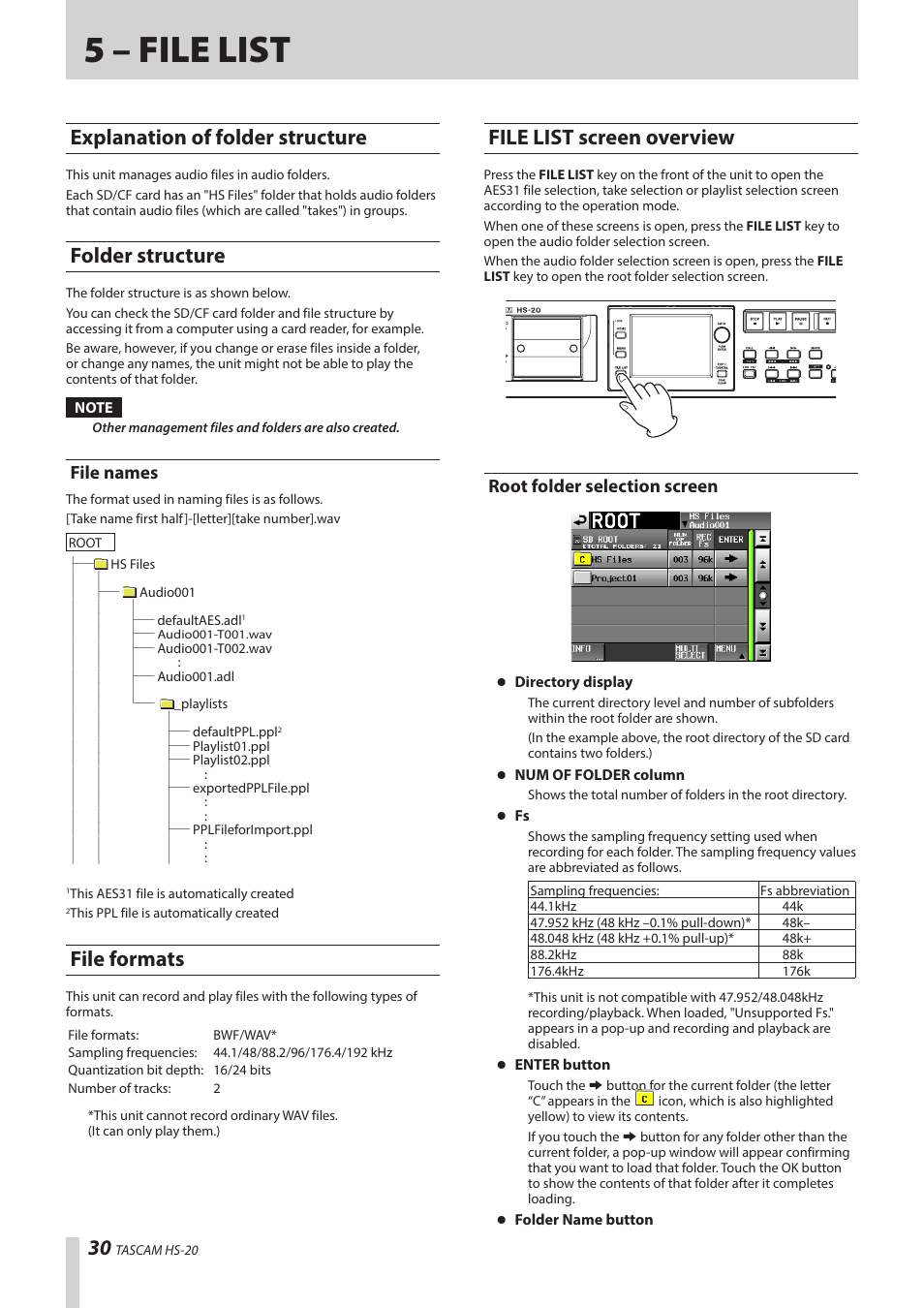 5 – file list, Explanation of folder structure, Folder structure | File names, File formats, File list screen overview, Root folder selection screen, Explanation of folder structure folder structure, File formats file list screen overview, Ee “file list screen | Teac HS-20 User Manual | Page 30 / 128