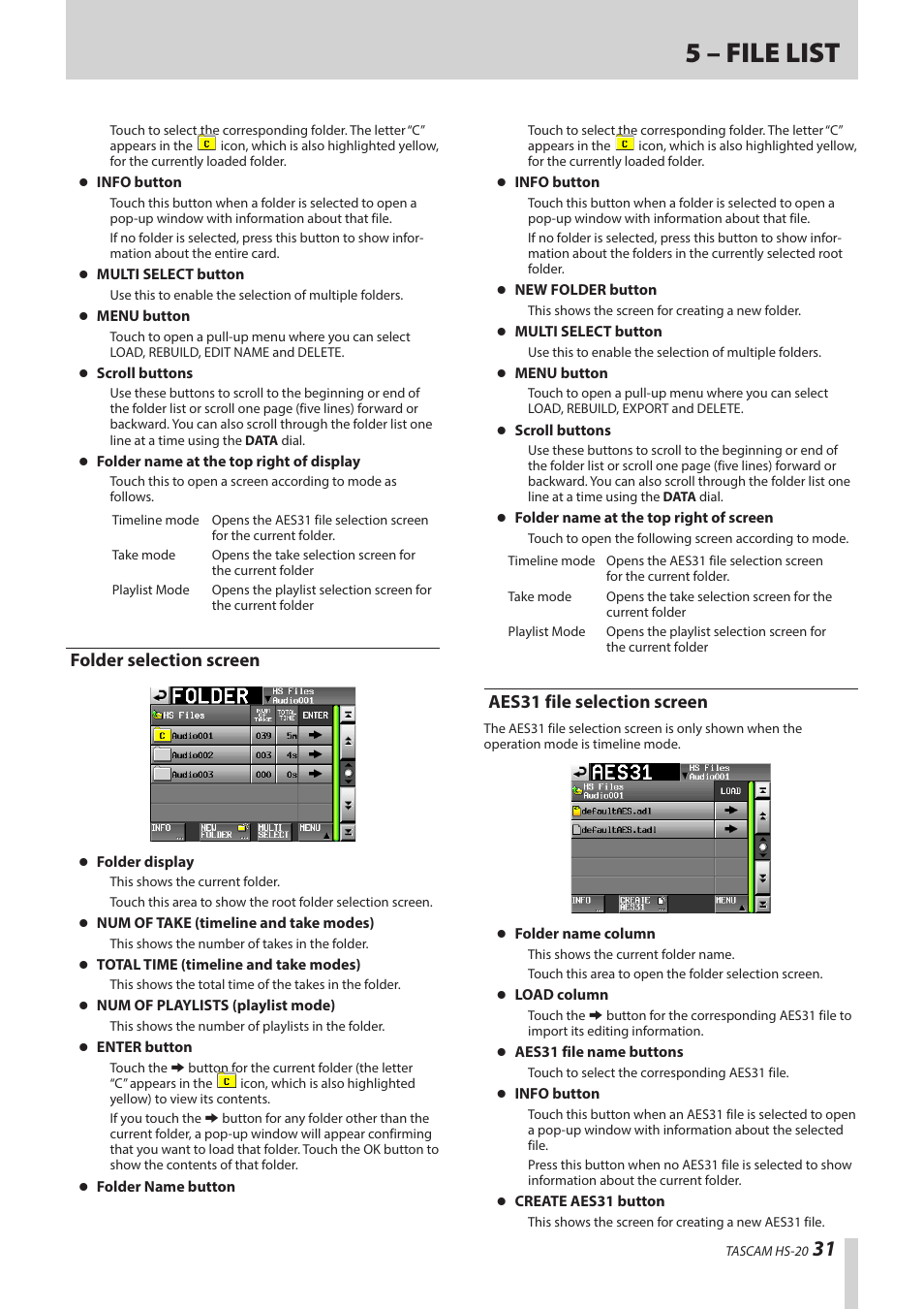 Folder selection screen, Aes31 file selection screen, 5 – file list | Teac HS-20 User Manual | Page 31 / 128