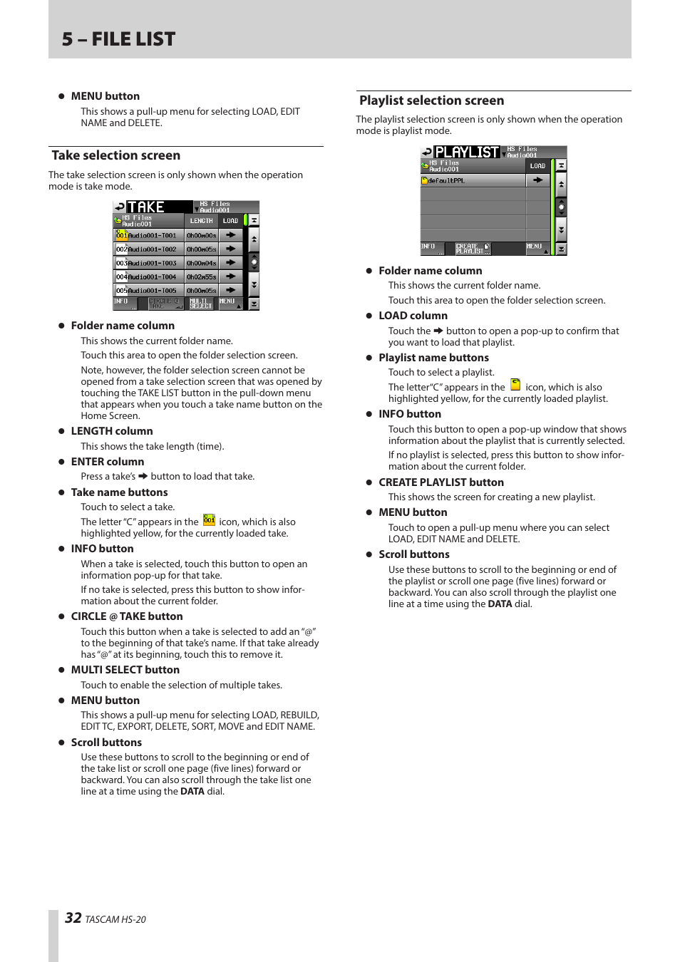 Take selection screen, Playlist selection screen, Take selection screen playlist selection screen | 5 – file list | Teac HS-20 User Manual | Page 32 / 128