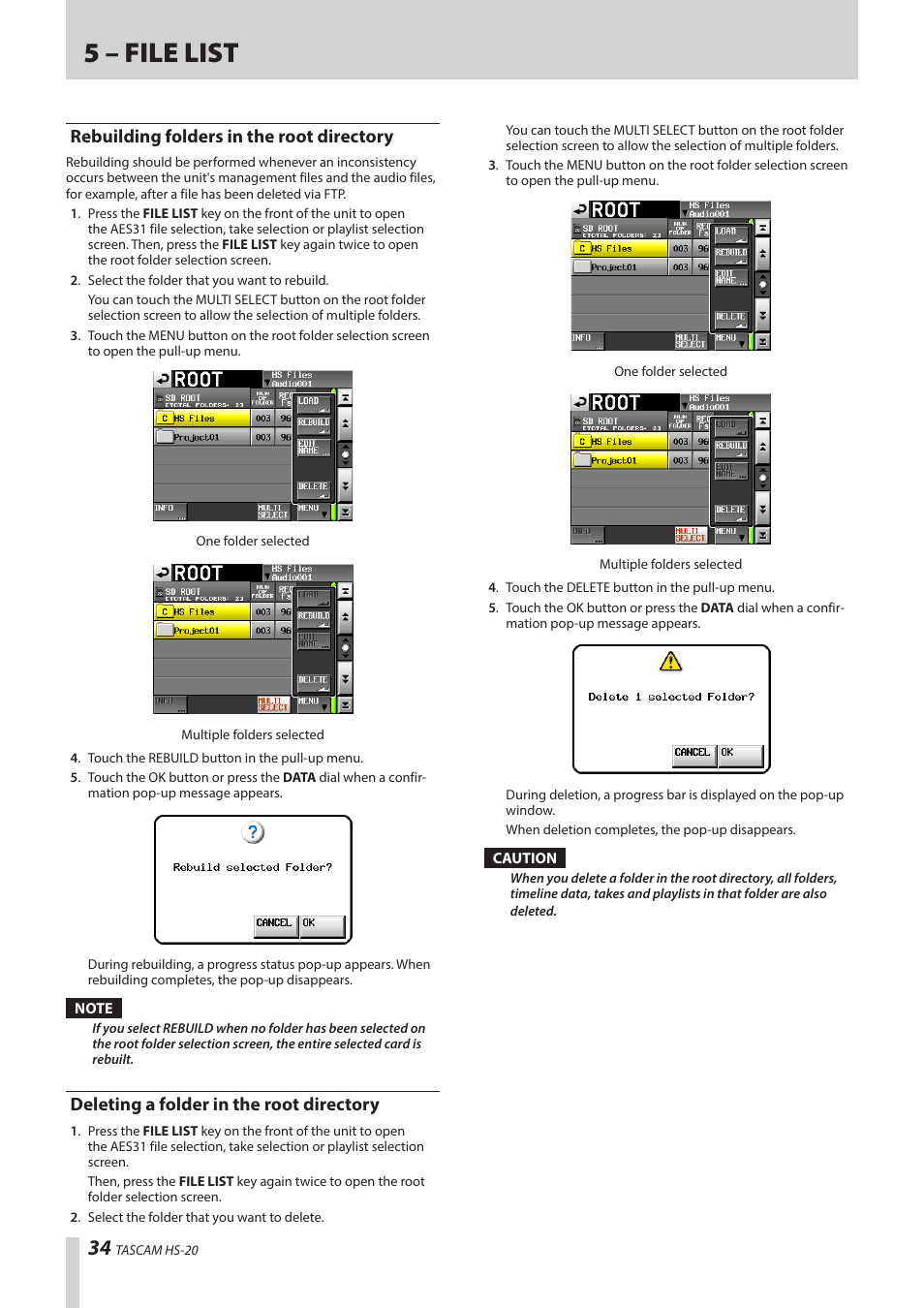 Rebuilding folders in the root directory, Deleting a folder in the root directory, 5 – file list | Teac HS-20 User Manual | Page 34 / 128