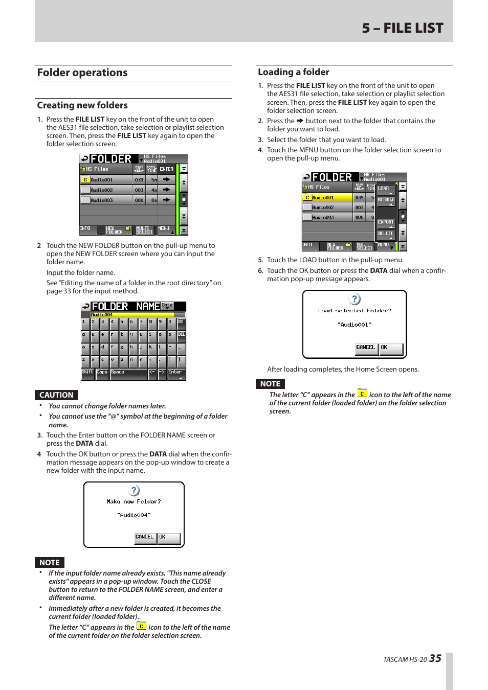 Folder operations, Creating new folders, Loading a folder | Creating new folders loading a folder, 5 – file list | Teac HS-20 User Manual | Page 35 / 128