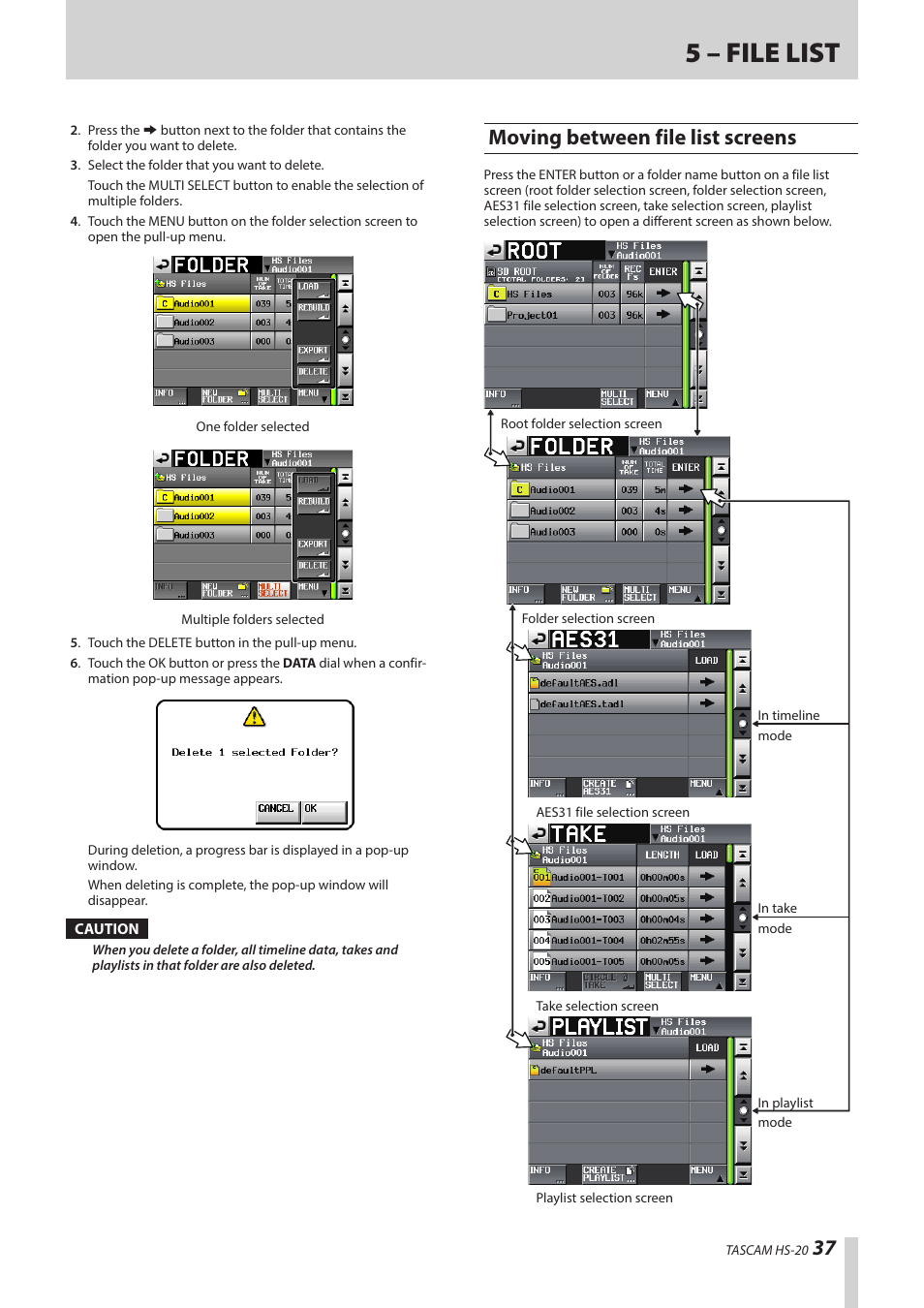 Moving between file list screens, 5 – file list | Teac HS-20 User Manual | Page 37 / 128