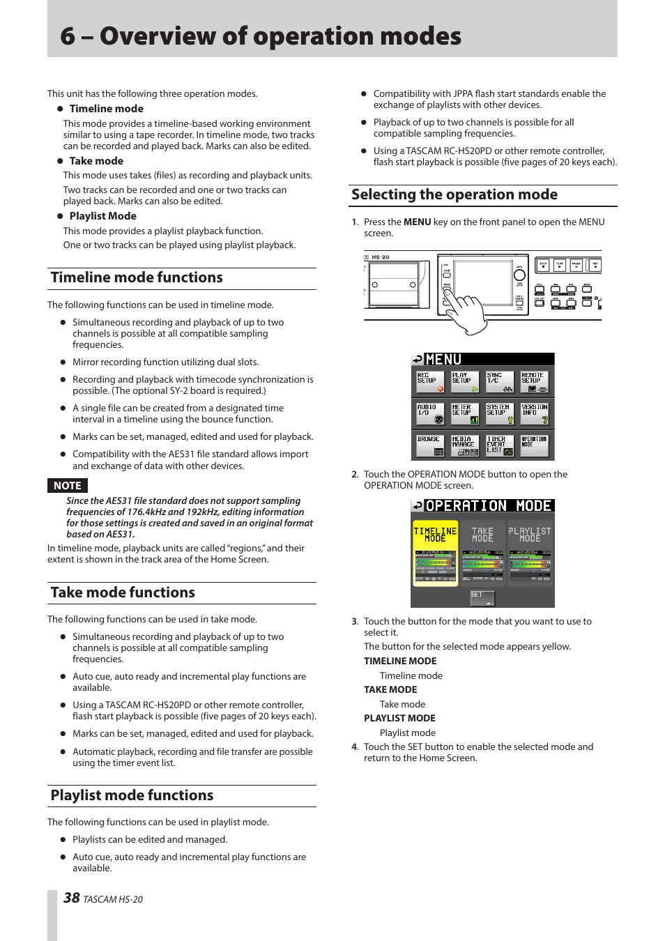 6 – overview of operation modes, Timeline mode functions, Take mode functions | Playlist mode functions, Selecting the operation mode | Teac HS-20 User Manual | Page 38 / 128