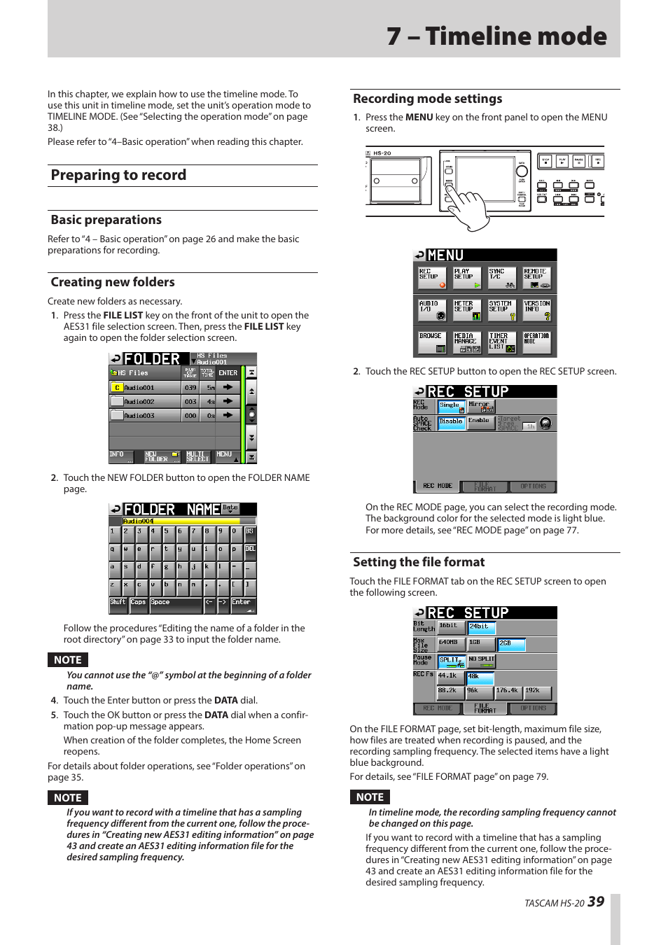 7 – timeline mode, Preparing to record, Basic preparations | Creating new folders, Recording mode settings, Setting the file format | Teac HS-20 User Manual | Page 39 / 128