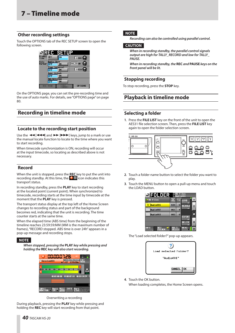 Other recording settings, Recording in timeline mode, Locate to the recording start position | Record, Stopping recording, Playback in timeline mode, Selecting a folder, 7 – timeline mode | Teac HS-20 User Manual | Page 40 / 128