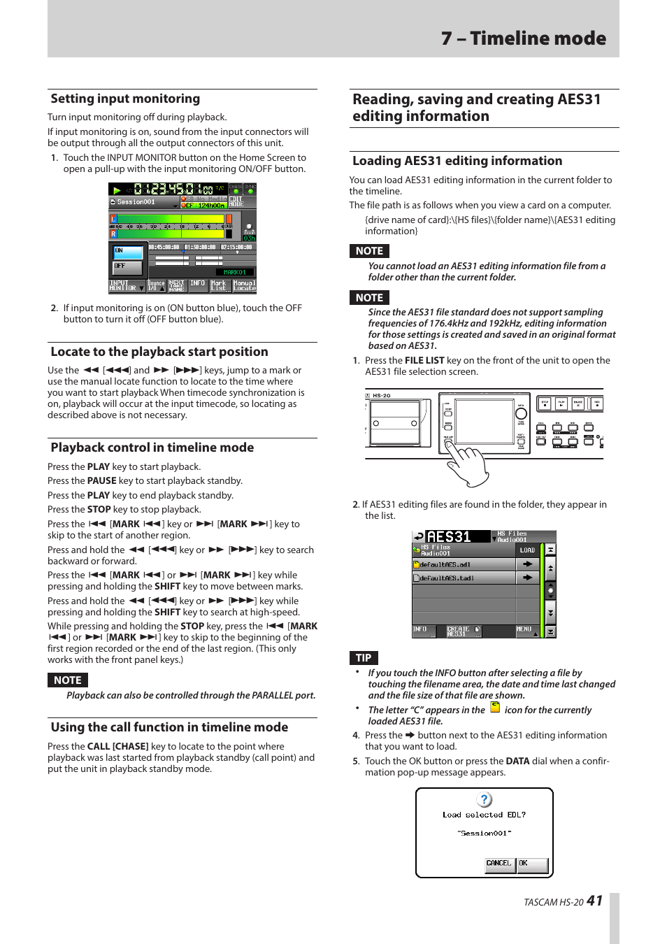 Setting input monitoring, Locate to the playback start position, Playback control in timeline mode | Using the call function in timeline mode, Loading aes31 editing information, Reading, saving and creating aes31 editing infor, Mation, 7 – timeline mode | Teac HS-20 User Manual | Page 41 / 128