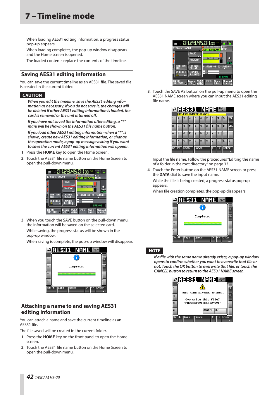 Saving aes31 editing information, Attaching a name to and saving aes31 editing, Information | 7 – timeline mode | Teac HS-20 User Manual | Page 42 / 128