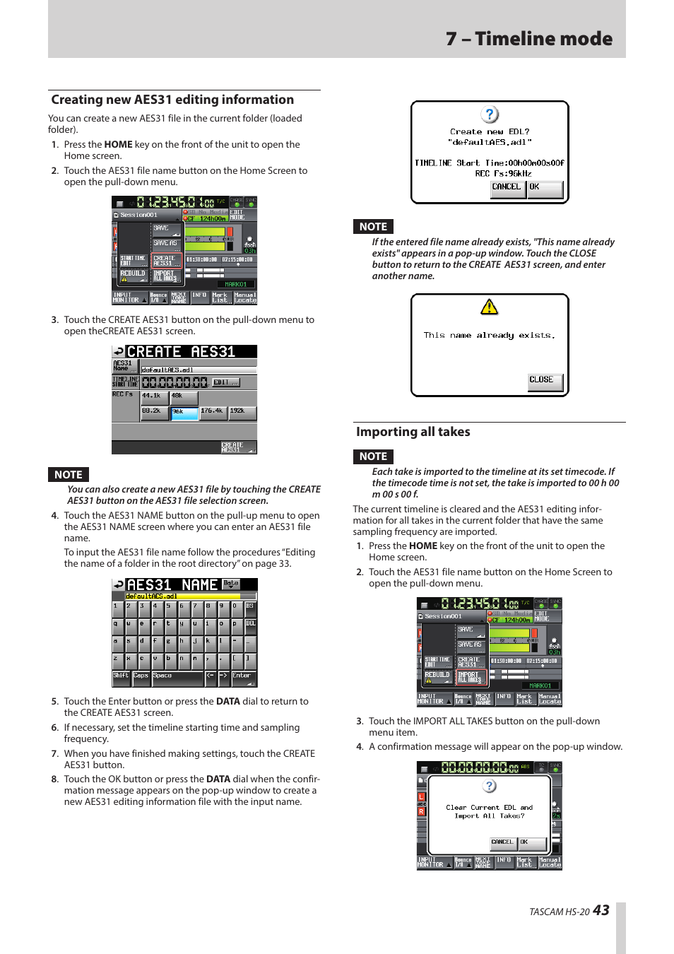 Creating new aes31 editing information, Importing all takes, Ee “importing | 7 – timeline mode | Teac HS-20 User Manual | Page 43 / 128