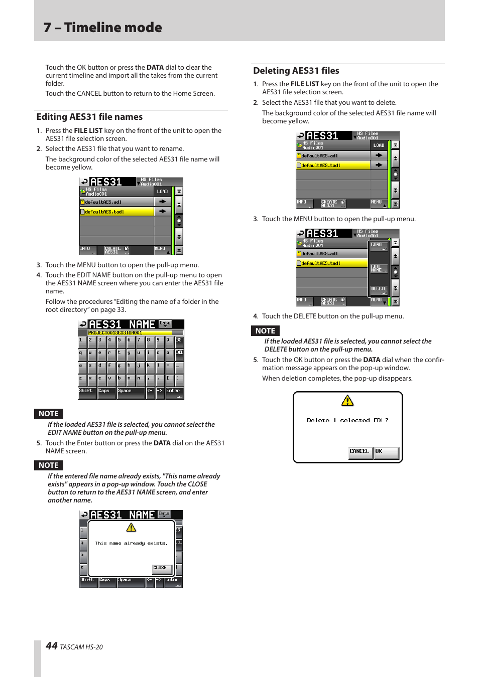 Editing aes31 file names, Deleting aes31 files, Editing aes31 file names deleting aes31 files | 7 – timeline mode | Teac HS-20 User Manual | Page 44 / 128