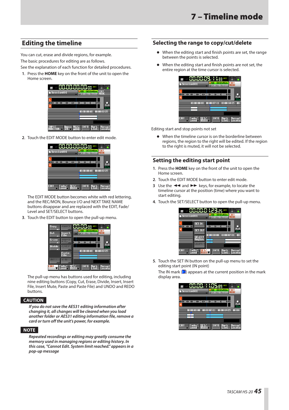 Editing the timeline, Selecting the range to copy/cut/delete, Setting the editing start point | Ee “editing the, 7 – timeline mode | Teac HS-20 User Manual | Page 45 / 128