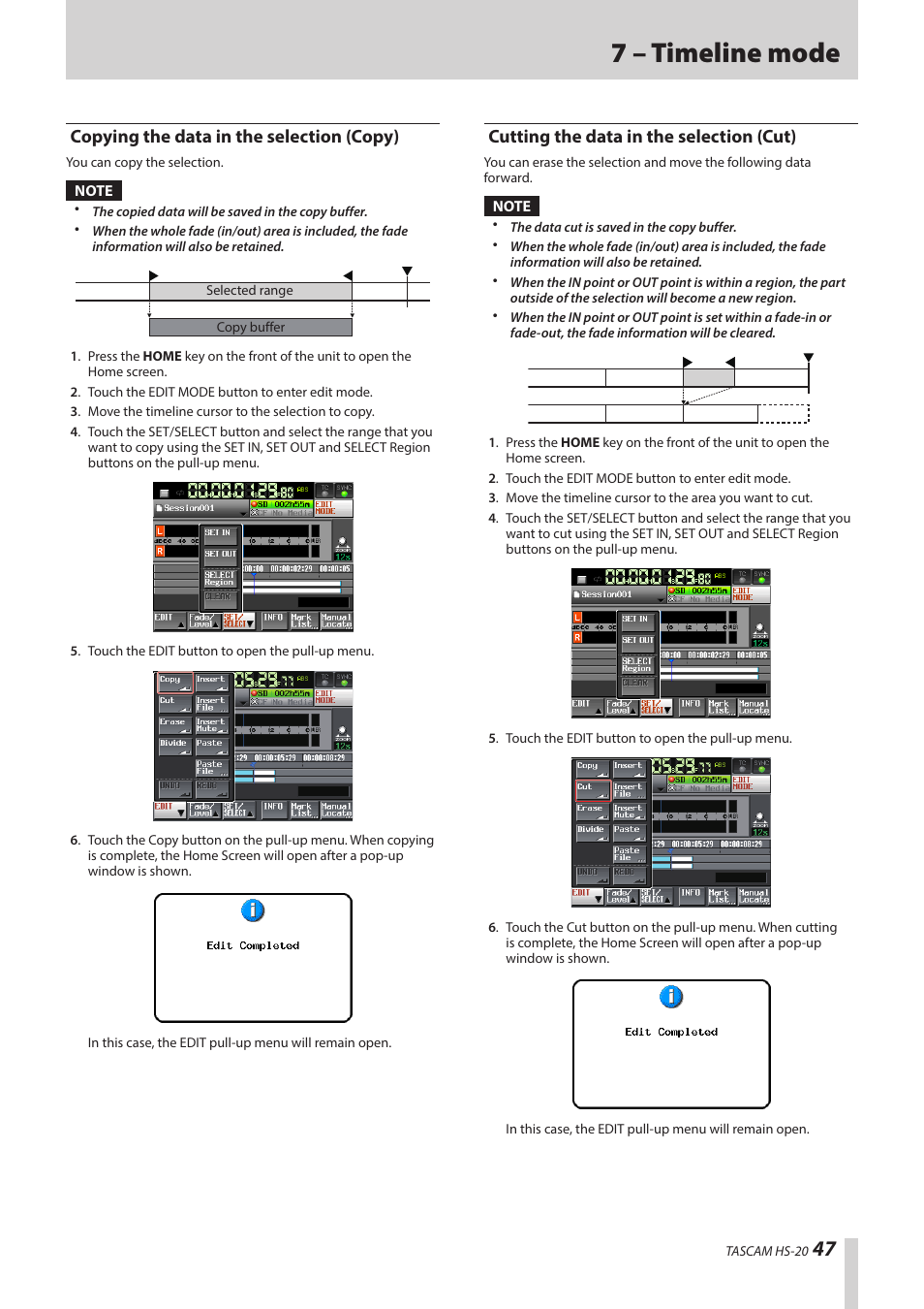 Copying the data in the selection (copy), Cutting the data in the selection (cut), 7 – timeline mode | Teac HS-20 User Manual | Page 47 / 128