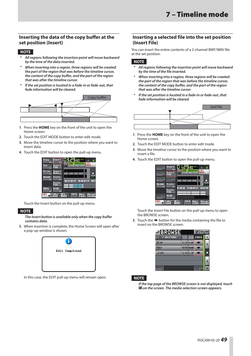 Inserting the data of the copy buffer, Insert file), 7 – timeline mode | Teac HS-20 User Manual | Page 49 / 128