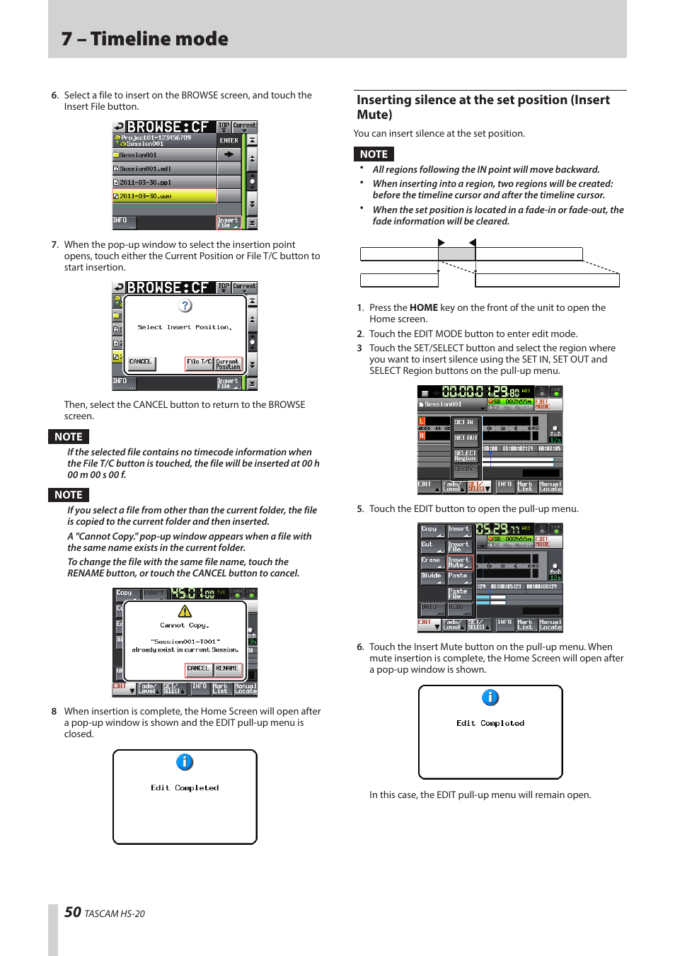 Inserting silence at the set position, Insert mute), 7 – timeline mode | Teac HS-20 User Manual | Page 50 / 128