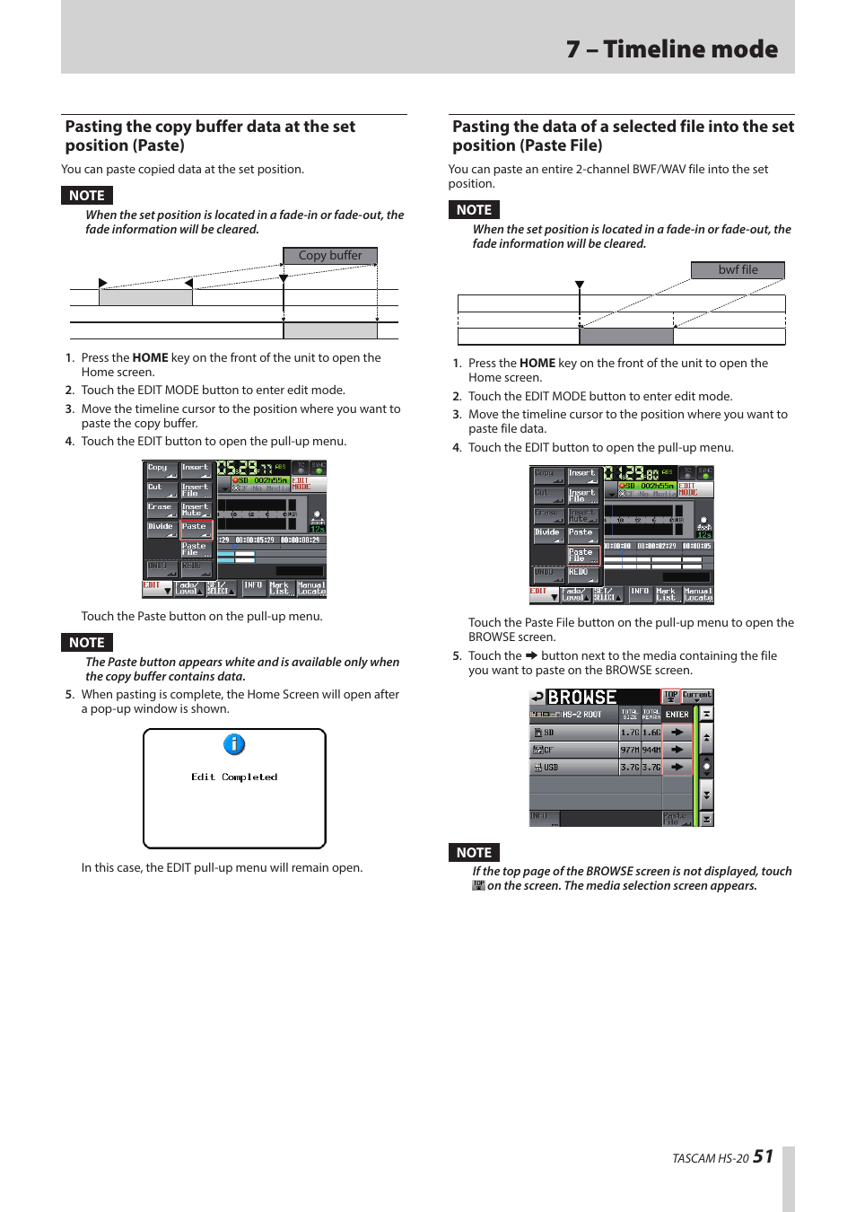 Pasting the copy buffer data, Position (paste file), 7 – timeline mode | Teac HS-20 User Manual | Page 51 / 128