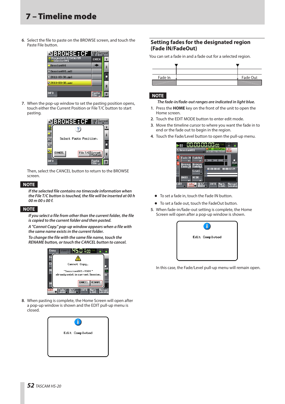 Setting fades for the designated region (fade, In/fadeout), 7 – timeline mode | Teac HS-20 User Manual | Page 52 / 128