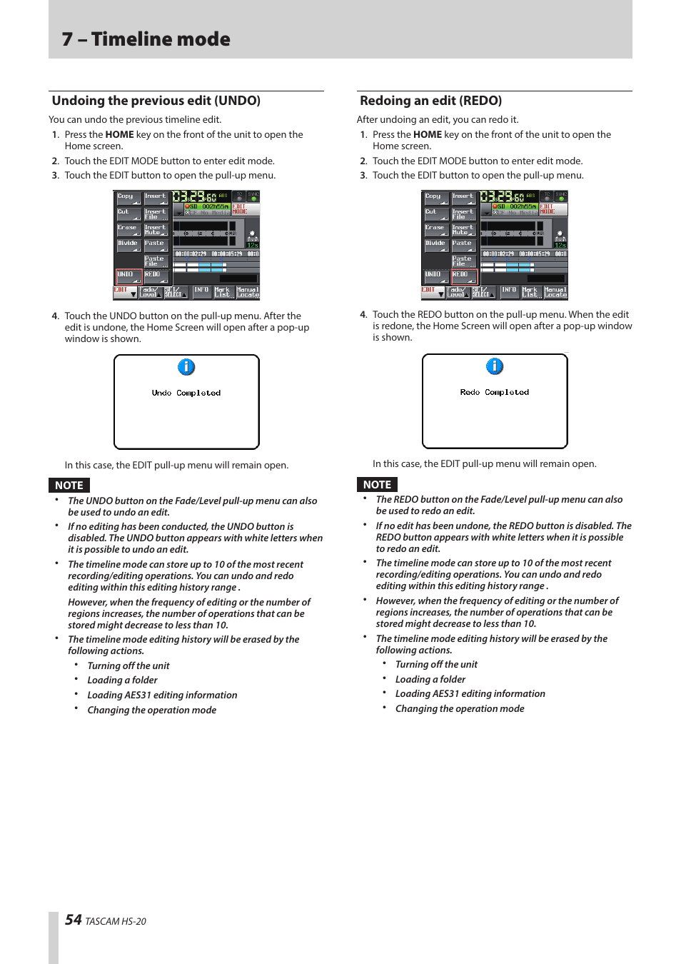 Undoing the previous edit (undo), Redoing an edit (redo), 7 – timeline mode | Teac HS-20 User Manual | Page 54 / 128