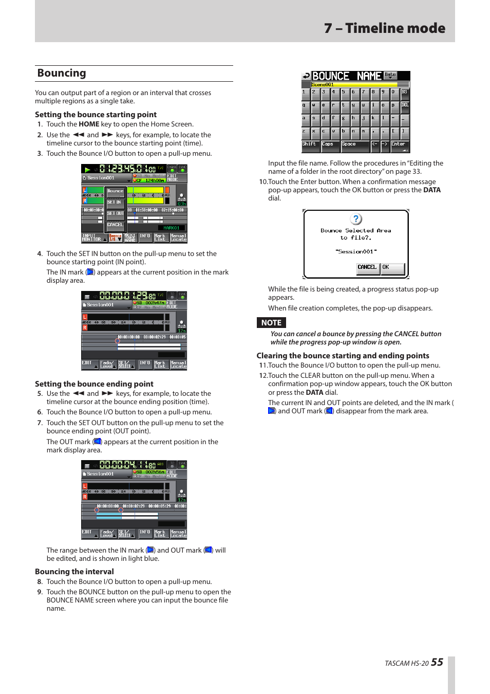 Bouncing, 7 – timeline mode | Teac HS-20 User Manual | Page 55 / 128