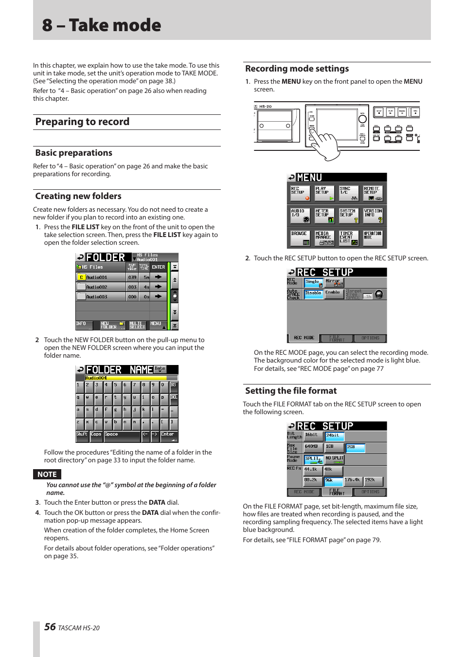 8 – take mode, Preparing to record, Basic preparations | Creating new folders, Recording mode settings, Setting the file format | Teac HS-20 User Manual | Page 56 / 128