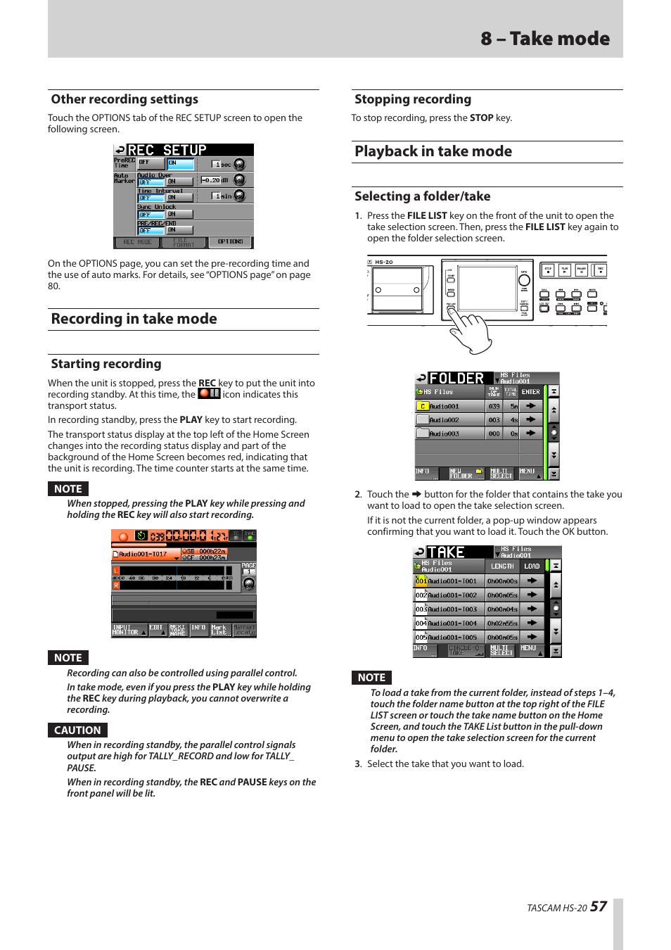 Other recording settings, Recording in take mode, Starting recording | Stopping recording, Playback in take mode, Selecting a folder/take, Starting recording stopping recording, 8 – take mode | Teac HS-20 User Manual | Page 57 / 128