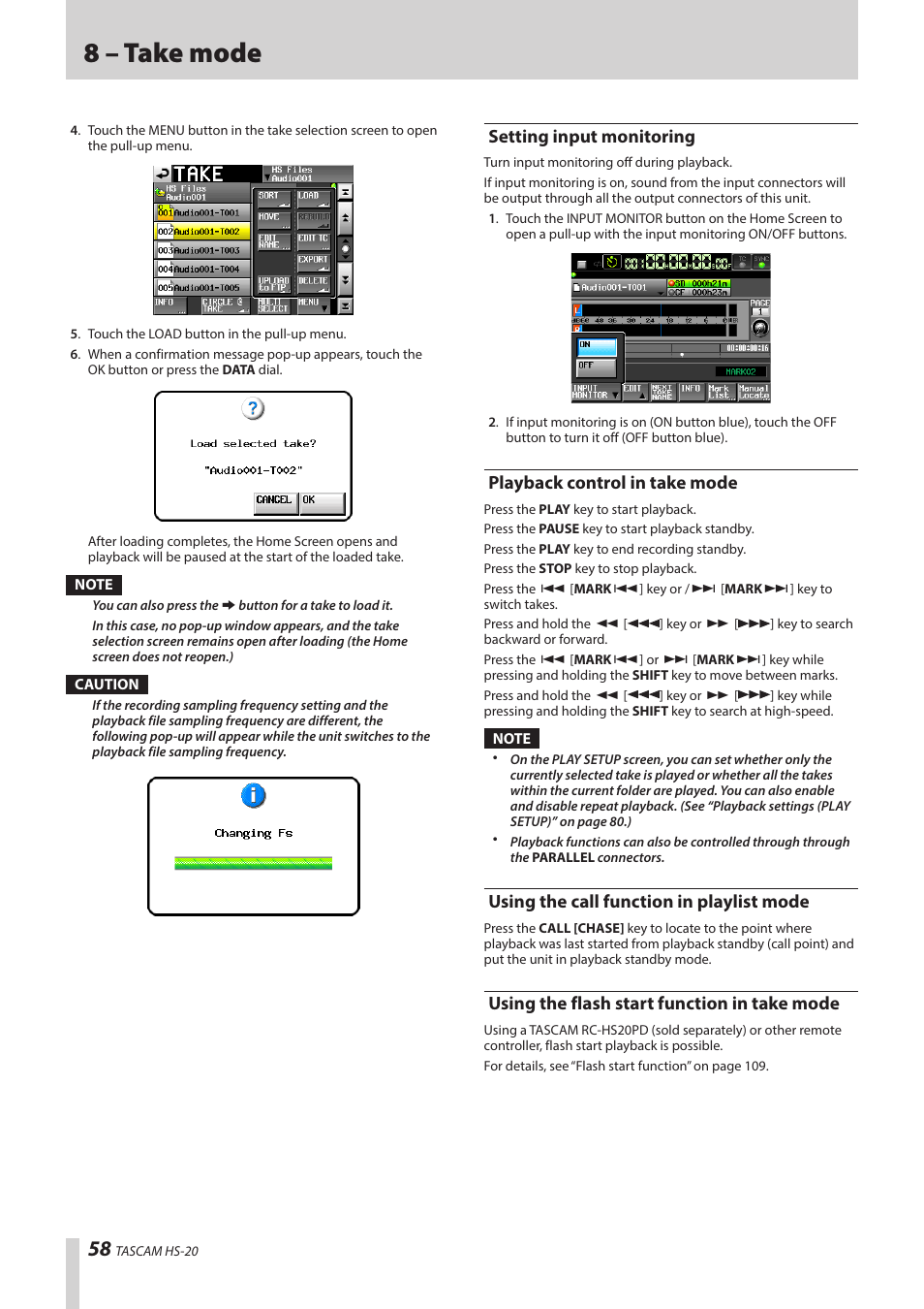 Setting input monitoring, Playback control in take mode, Using the call function in playlist mode | Using the flash start function in take mode, 8 – take mode | Teac HS-20 User Manual | Page 58 / 128