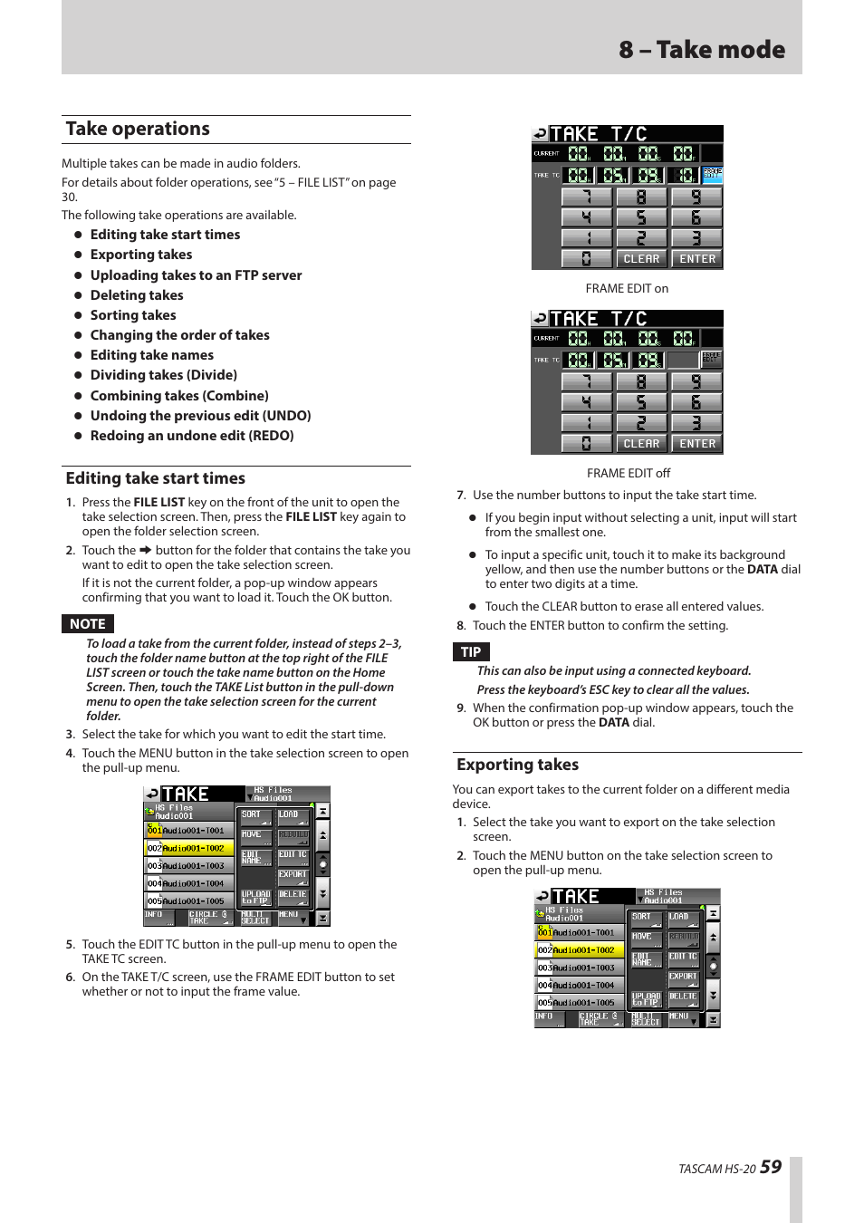 Take operations, Editing take start times, Exporting takes | Editing take start times exporting takes, 8 – take mode | Teac HS-20 User Manual | Page 59 / 128