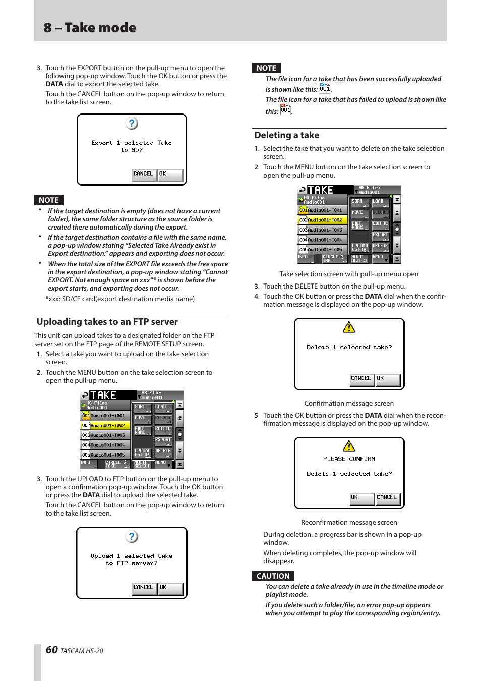 Uploading takes to an ftp server, Deleting a take, Uploading takes to an ftp server deleting a take | 8 – take mode | Teac HS-20 User Manual | Page 60 / 128