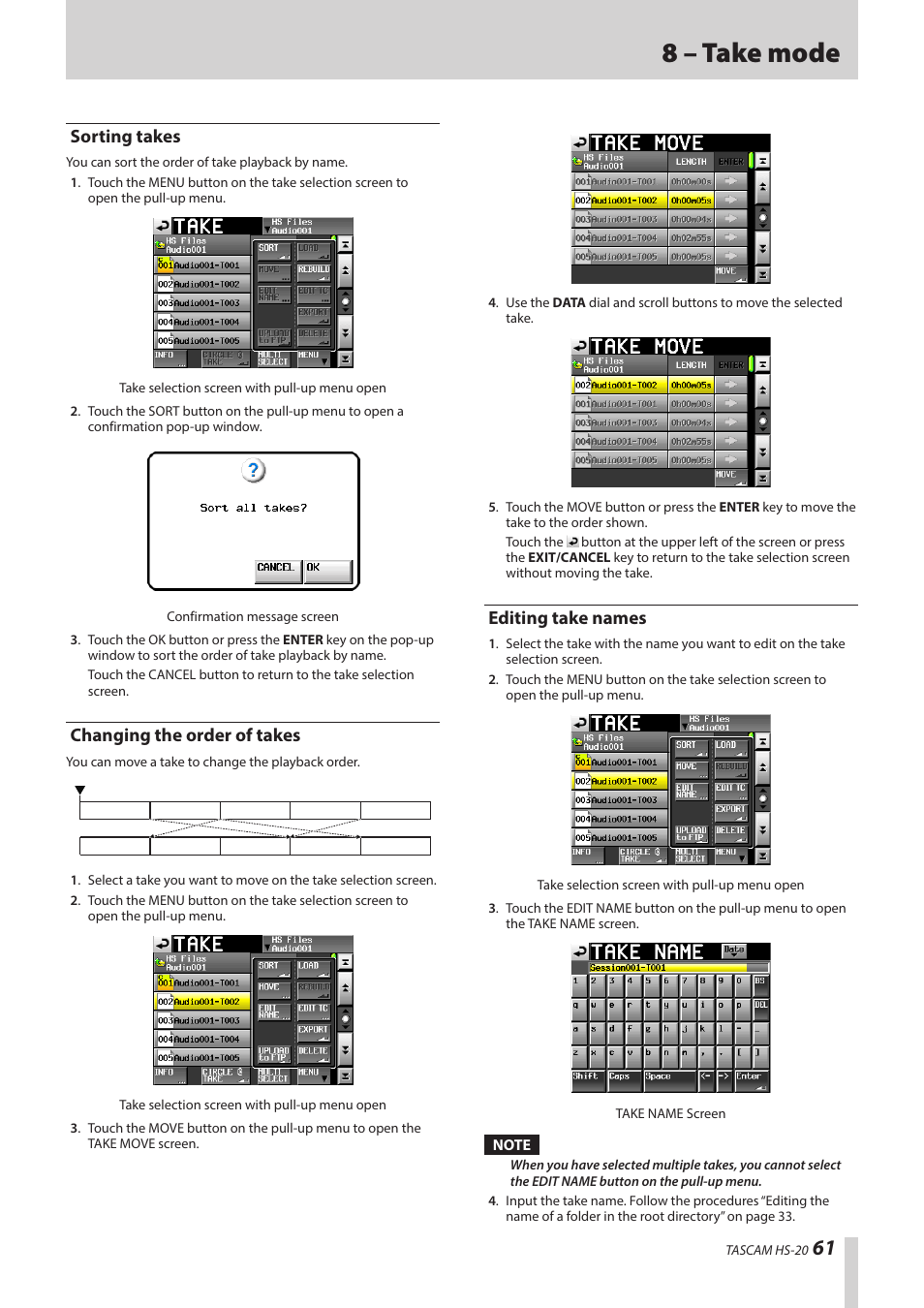 Sorting takes, Changing the order of takes, Editing take names | 8 – take mode | Teac HS-20 User Manual | Page 61 / 128