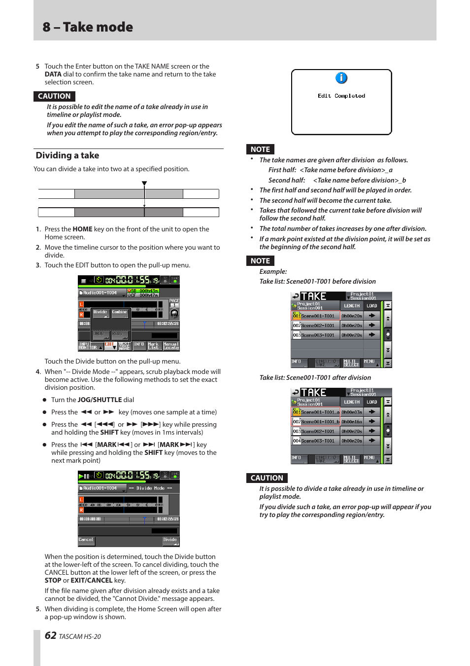 Dividing a take, 8 – take mode | Teac HS-20 User Manual | Page 62 / 128