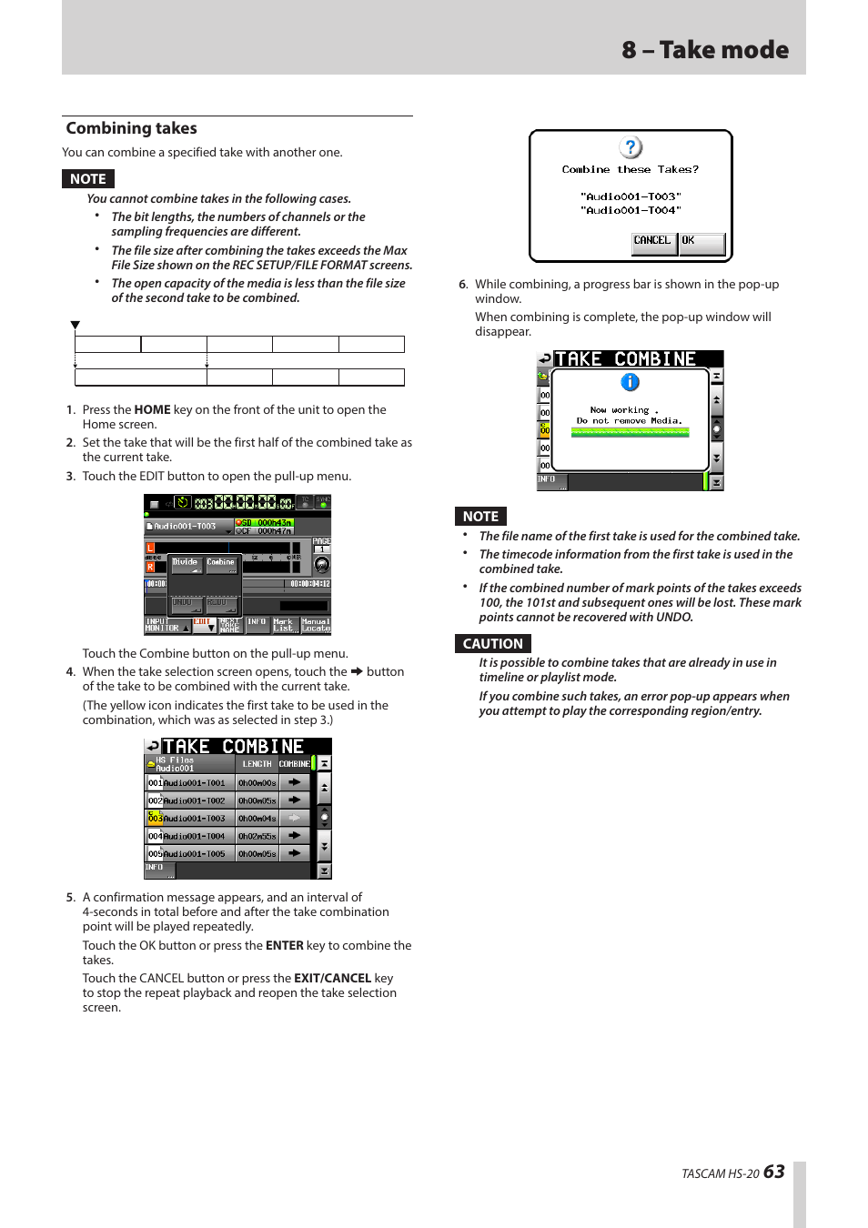 Combining takes, 8 – take mode | Teac HS-20 User Manual | Page 63 / 128