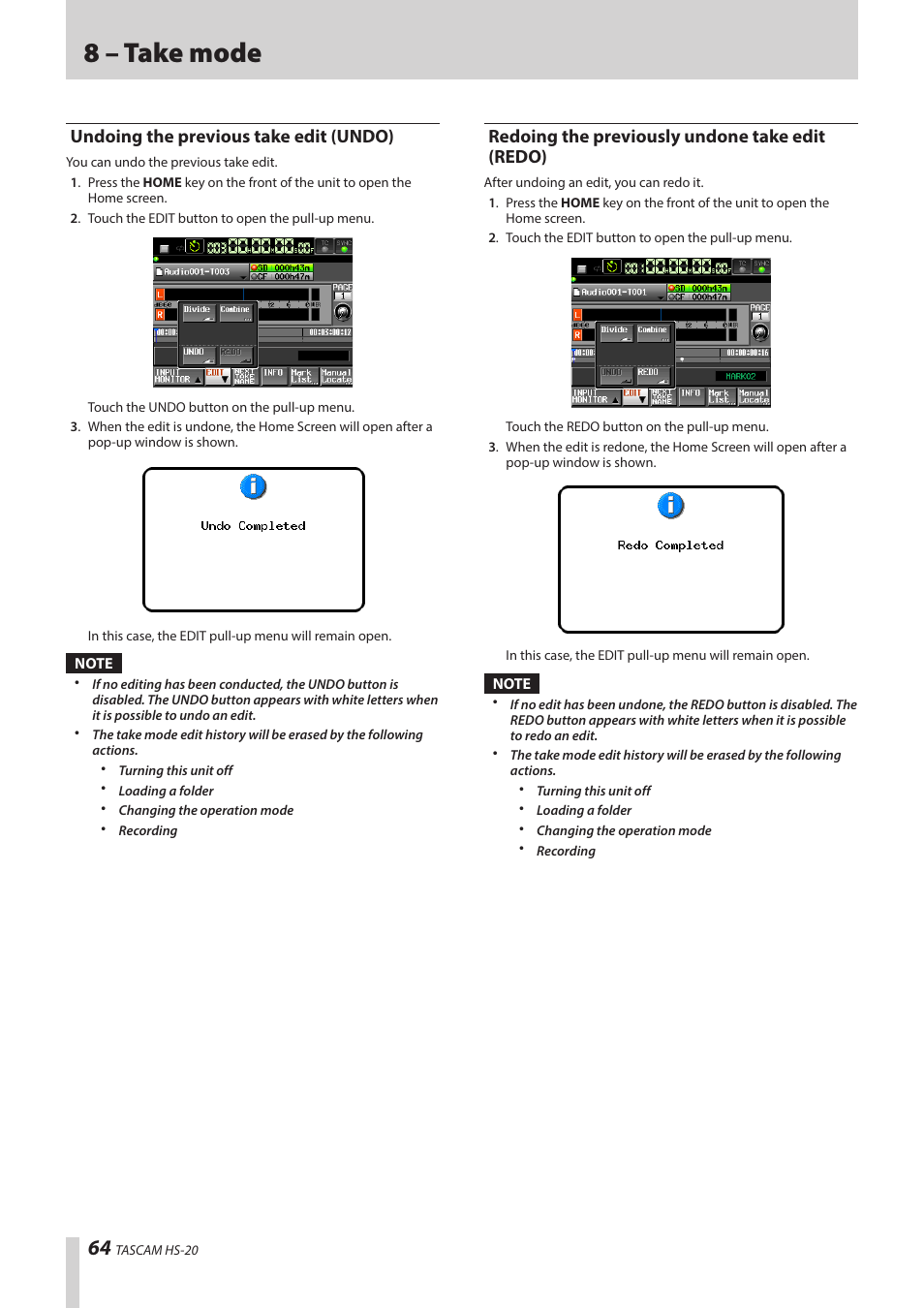 Undoing the previous take edit (undo), Redoing the previously undone take edit (redo), Redo) | 8 – take mode | Teac HS-20 User Manual | Page 64 / 128