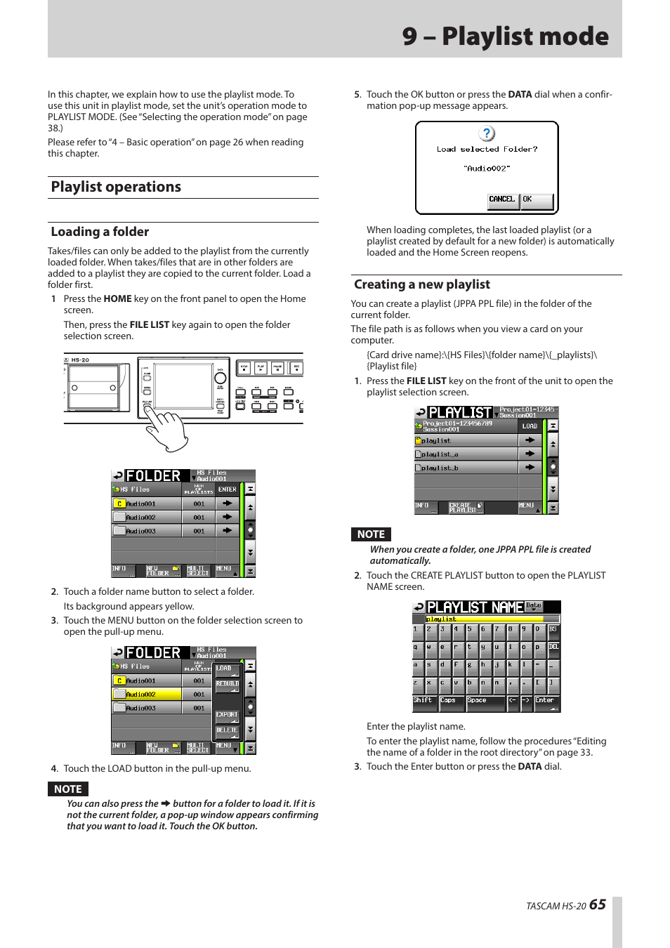 9 – playlist mode, Playlist operations, Loading a folder | Creating a new playlist, Loading a folder creating a new playlist | Teac HS-20 User Manual | Page 65 / 128