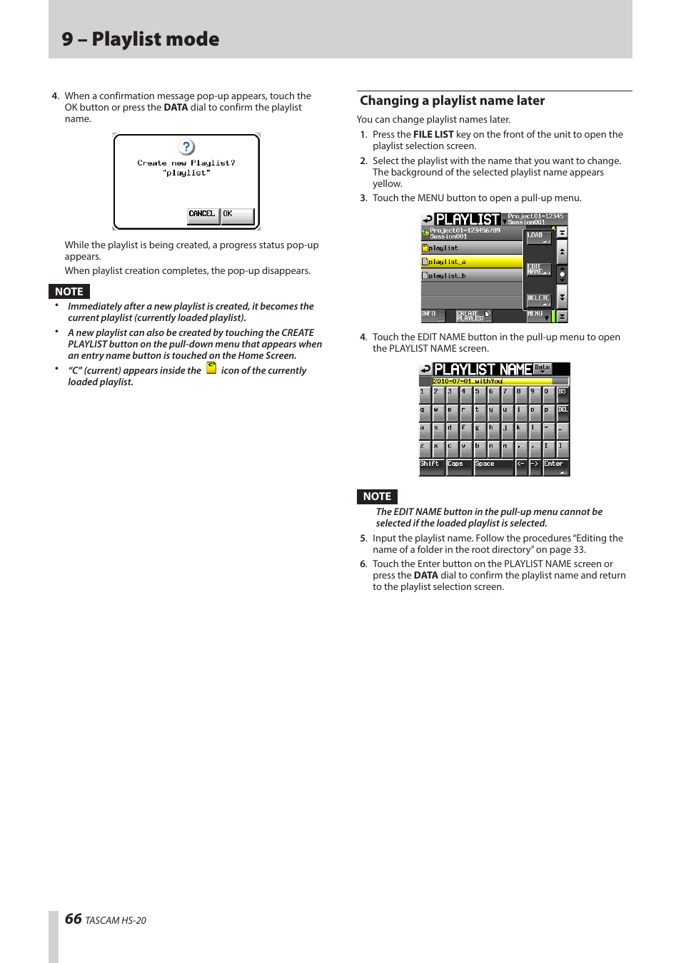 Changing a playlist name later, 9 – playlist mode | Teac HS-20 User Manual | Page 66 / 128