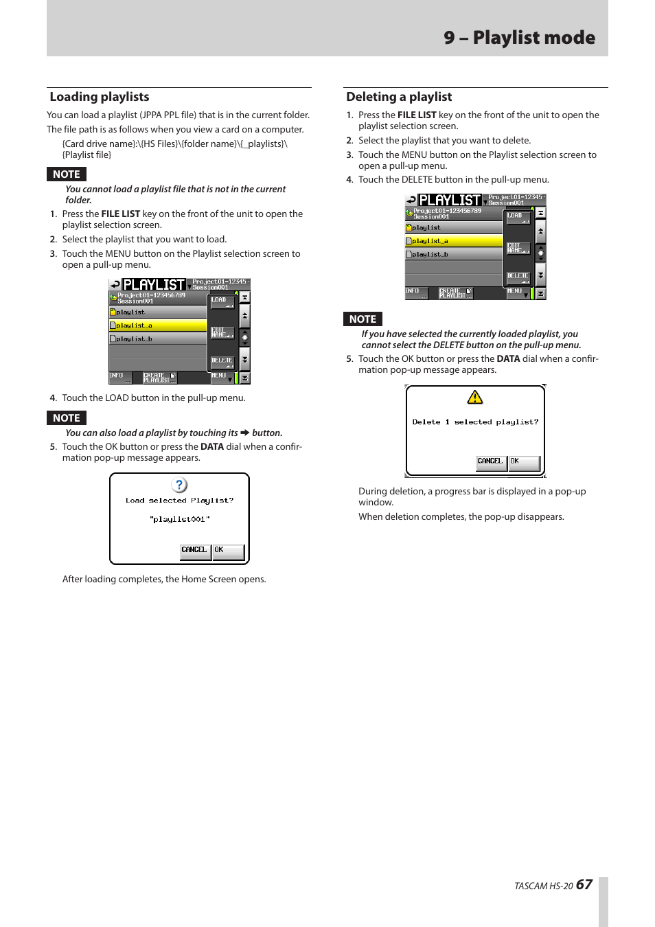 Loading playlists, Deleting a playlist, Loading playlists deleting a playlist | 9 – playlist mode | Teac HS-20 User Manual | Page 67 / 128