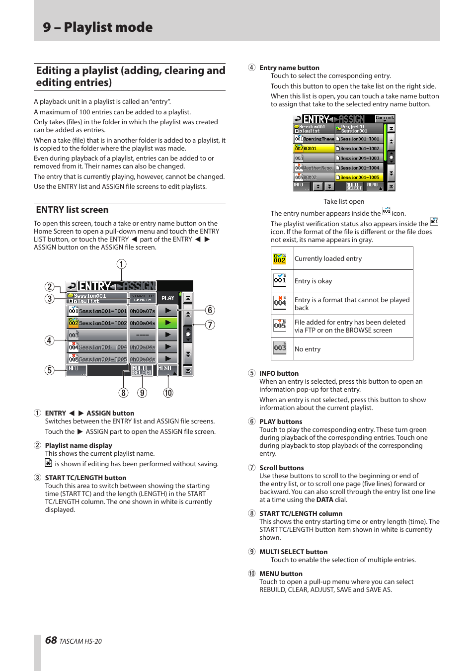 Entry list screen, Editing a playlist (adding, clearing and editing, Entries) | Ee “entry list, 9 – playlist mode | Teac HS-20 User Manual | Page 68 / 128