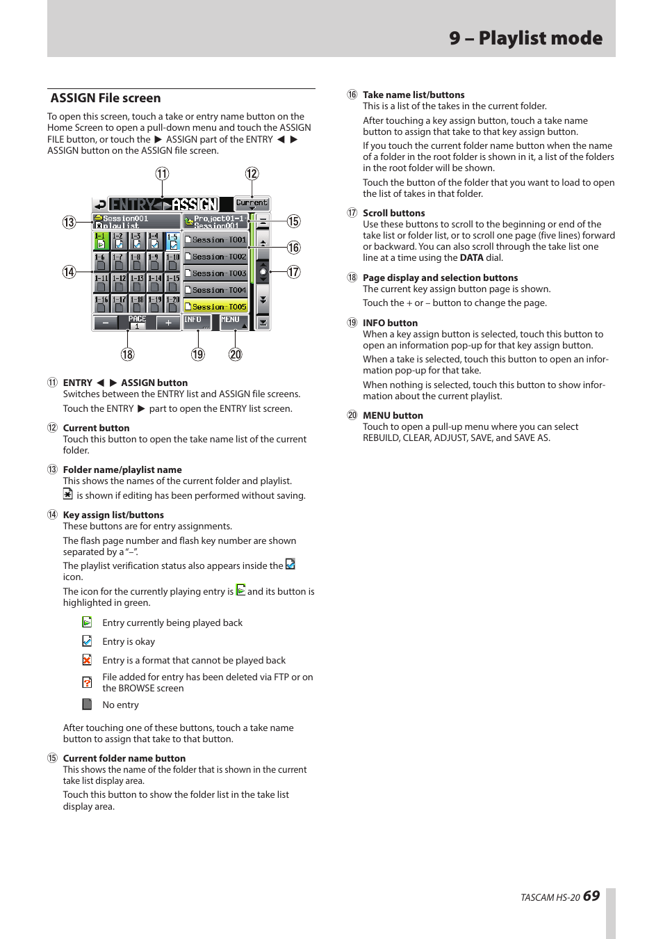 Assign file screen, 9 – playlist mode | Teac HS-20 User Manual | Page 69 / 128