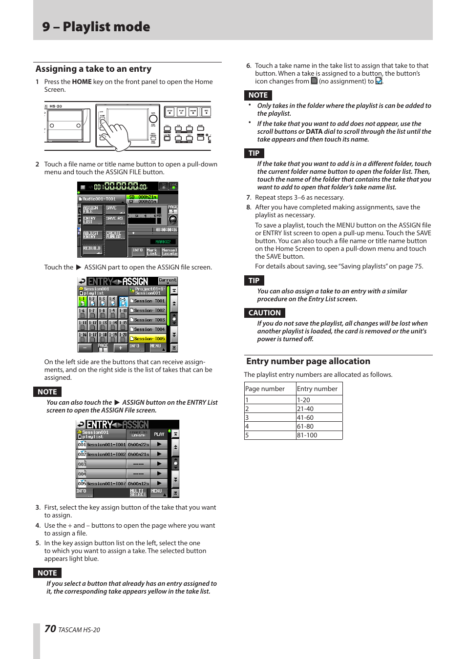 Assigning a take to an entry, 9 – playlist mode, Entry number page allocation | Teac HS-20 User Manual | Page 70 / 128