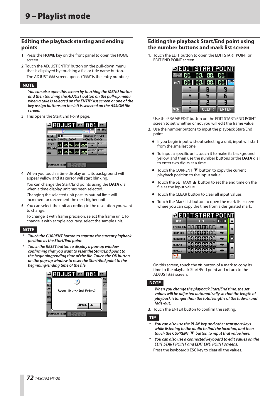 Editing the playback starting and ending points, 72 editing the playback start/end point using the, Number buttons and mark list screen | Editing the, 9 – playlist mode | Teac HS-20 User Manual | Page 72 / 128