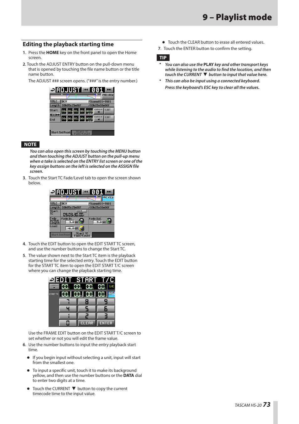 Editing the playback starting time, 9 – playlist mode | Teac HS-20 User Manual | Page 73 / 128