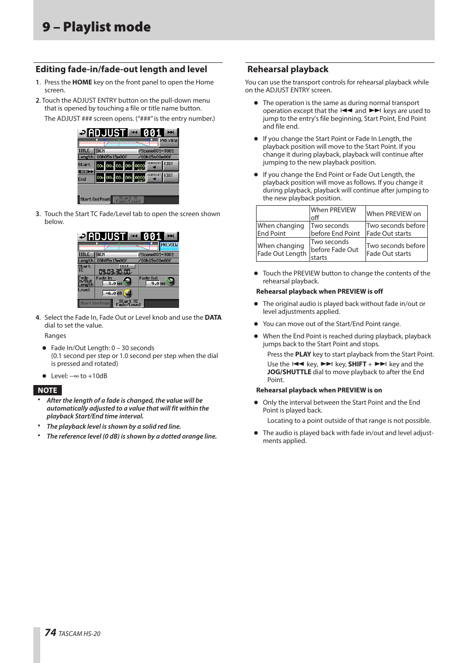 Editing fade-in/fade-out length and level, Rehearsal playback, 9 – playlist mode | Teac HS-20 User Manual | Page 74 / 128