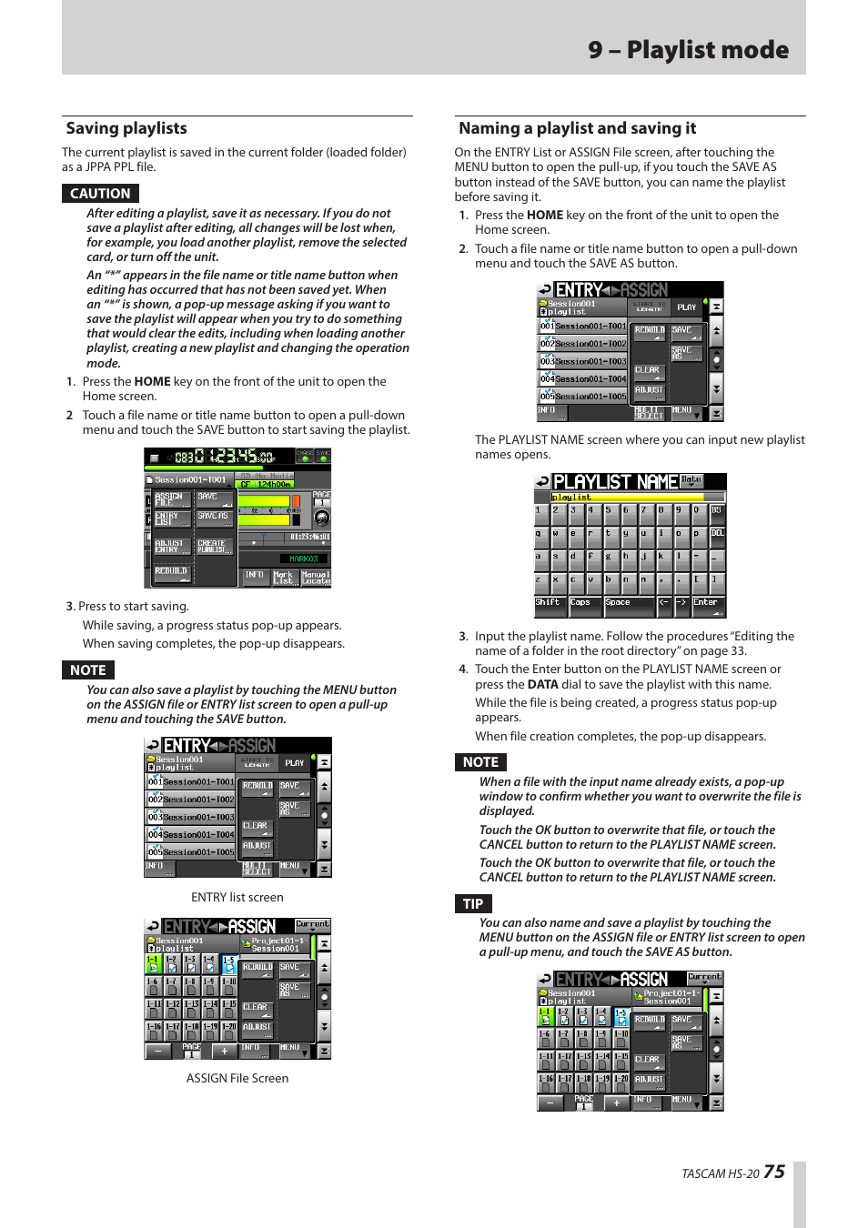 Saving playlists, Naming a playlist and saving it, Saving playlists naming a playlist and saving it | 9 – playlist mode | Teac HS-20 User Manual | Page 75 / 128