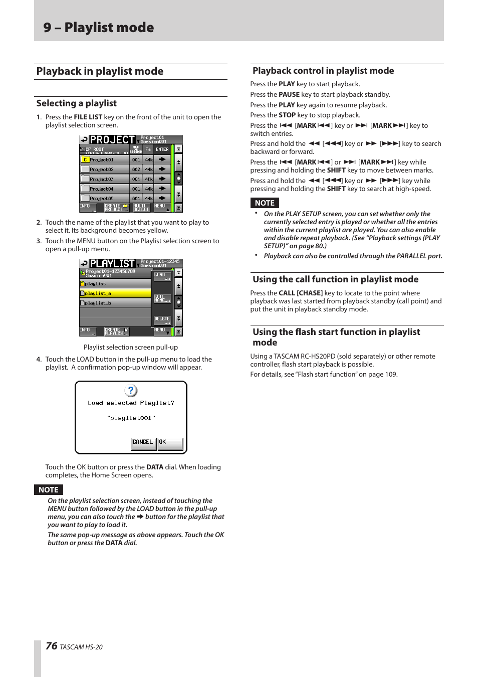 Playback in playlist mode, Selecting a playlist, Playback control in playlist mode | Using the call function in playlist mode, Using the flash start function in playlist mode, In playlist mode, 9 – playlist mode | Teac HS-20 User Manual | Page 76 / 128