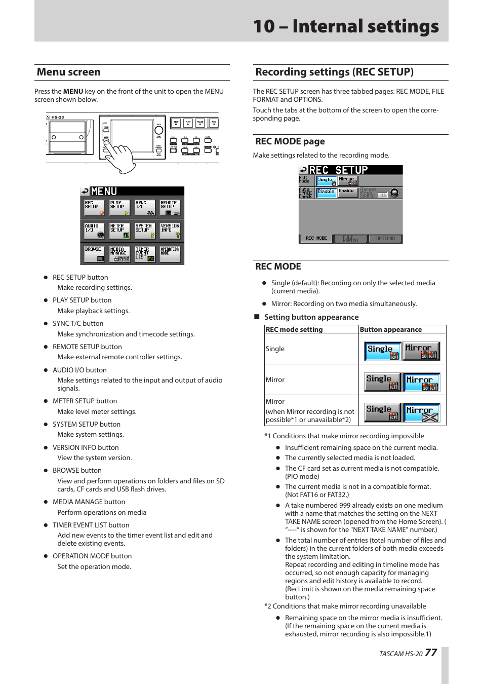 10 – internal settings, Menu screen, Recording settings (rec setup) | Rec mode, Menu screen recording settings (rec setup), Rec mode page | Teac HS-20 User Manual | Page 77 / 128